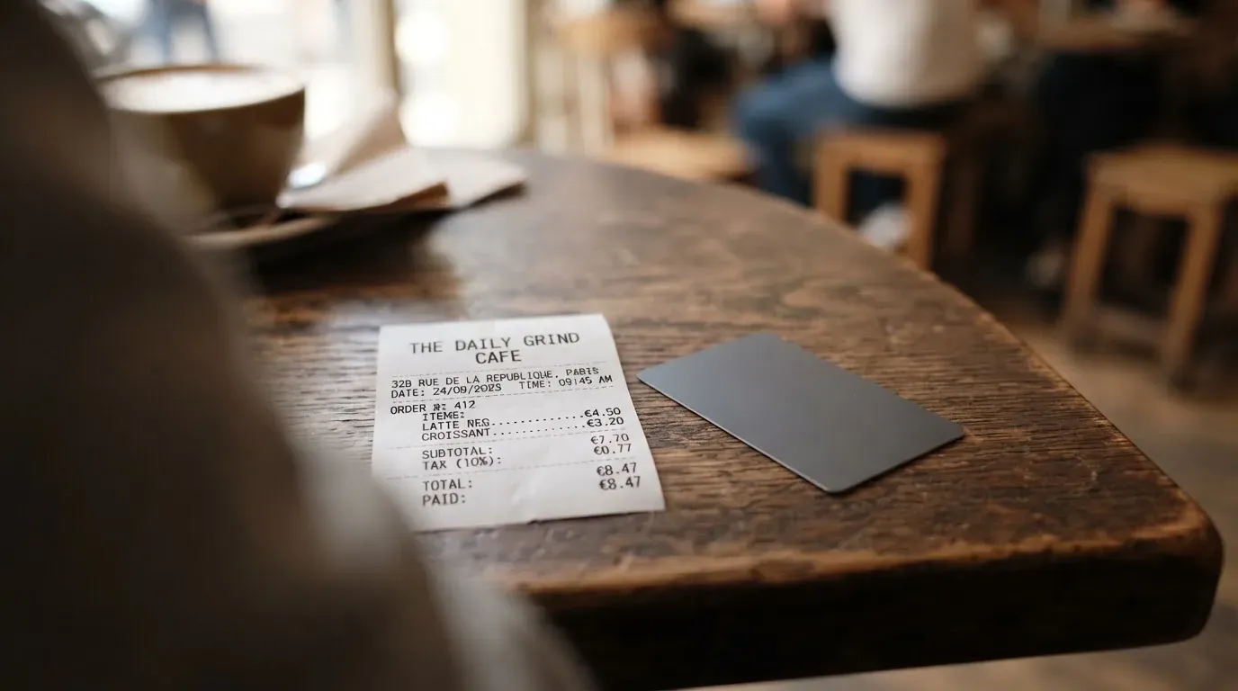 A receipt and a card on a café table