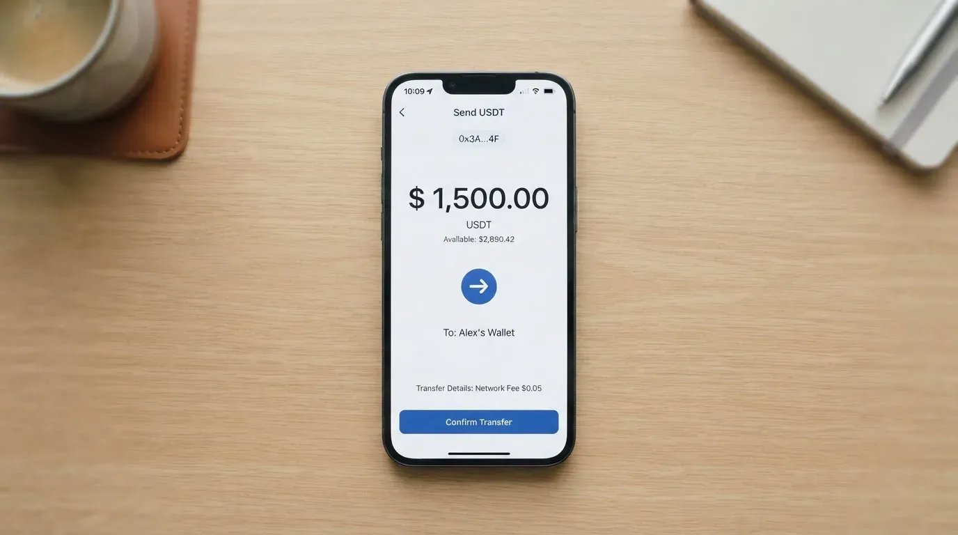 A phone showing a stablecoin transfer screen