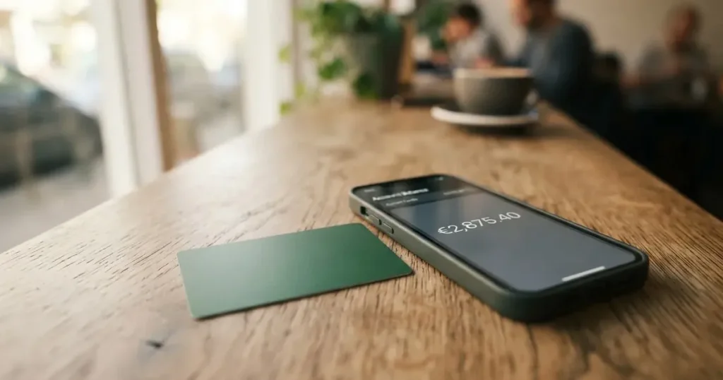 A payment card next to a phone with a crypto wallet app open