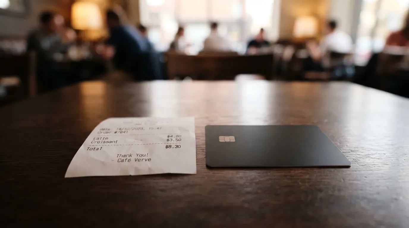 A receipt and a card on a café table