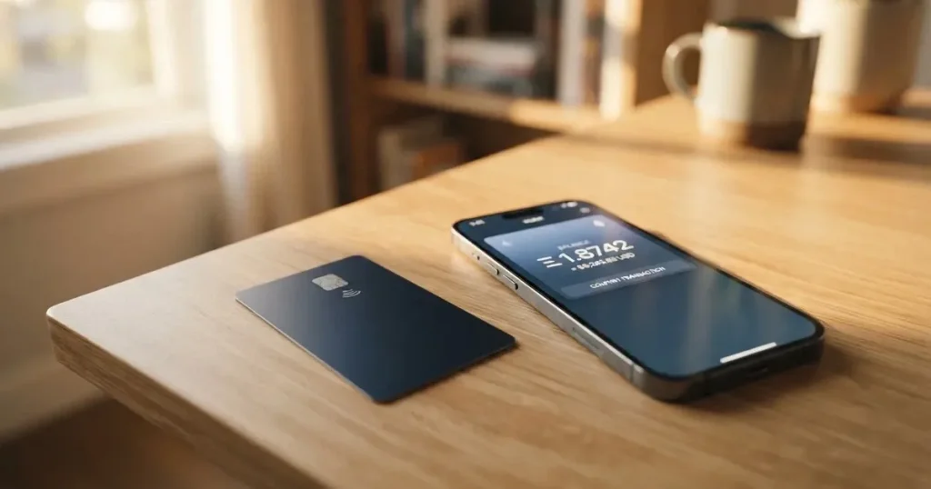A payment card next to a phone with a crypto wallet app open