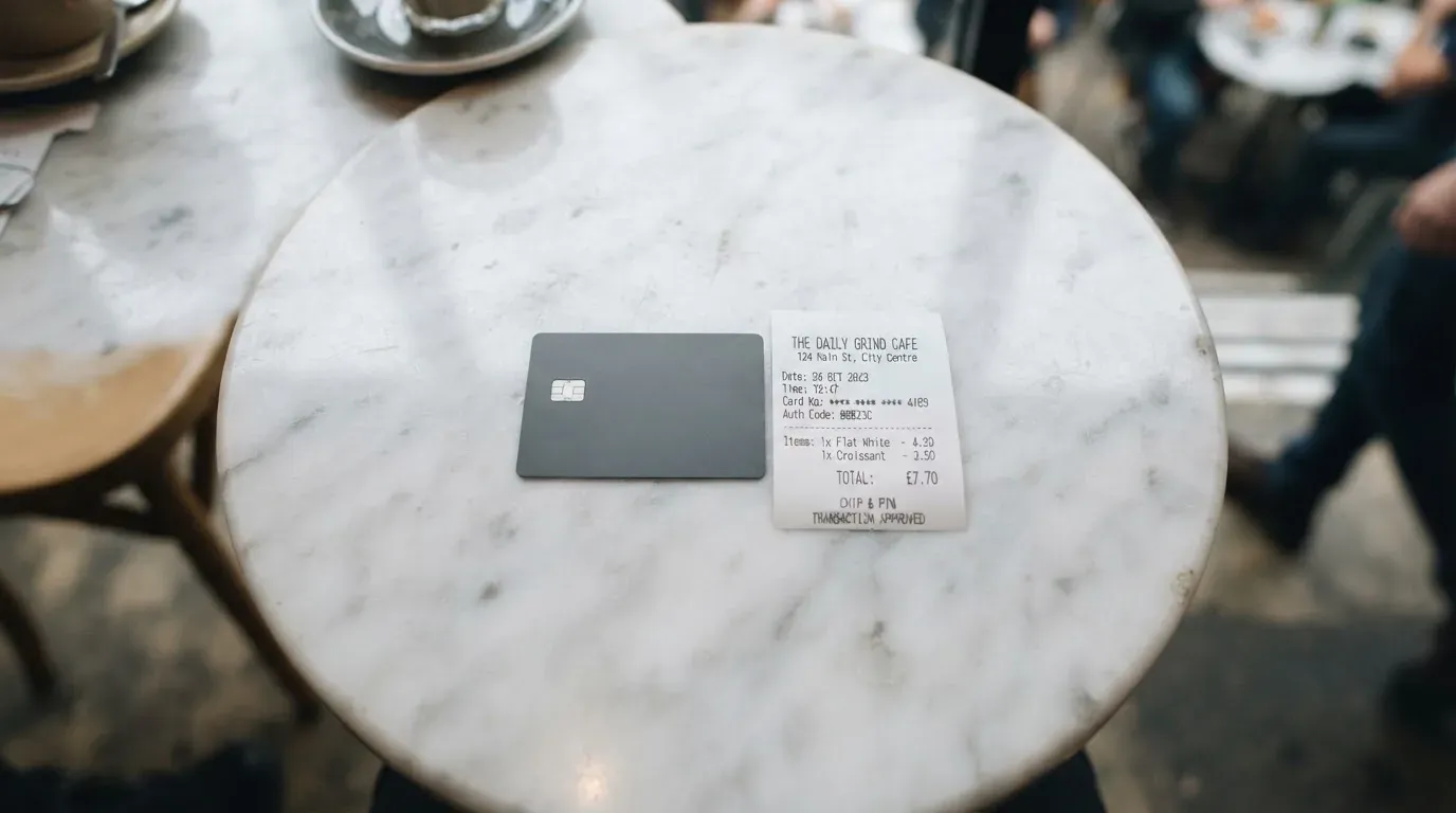 A receipt and a card on a café table