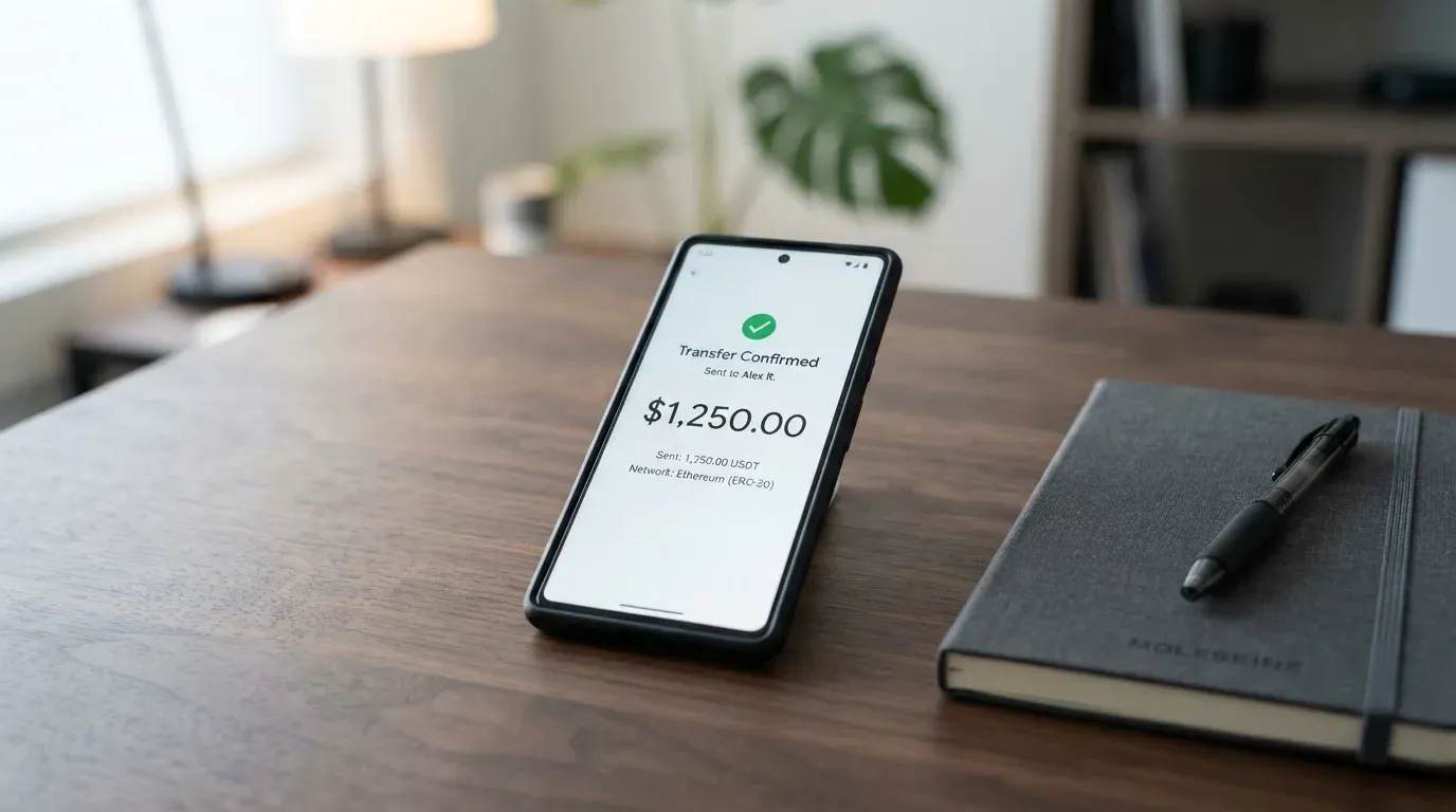 A phone showing a stablecoin transfer screen