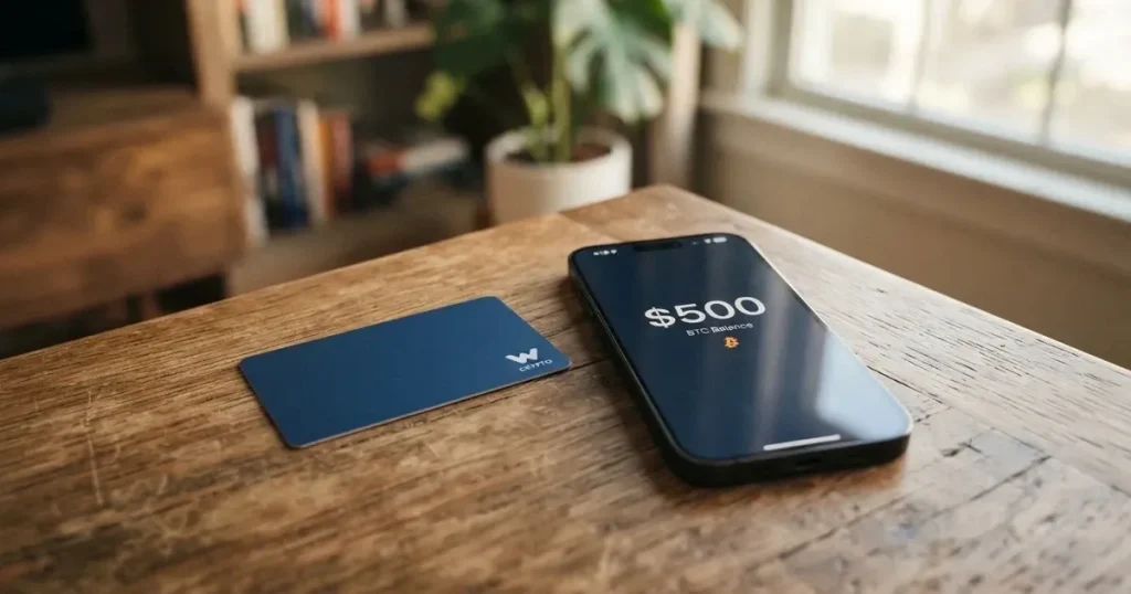 A payment card next to a phone with a crypto wallet app open