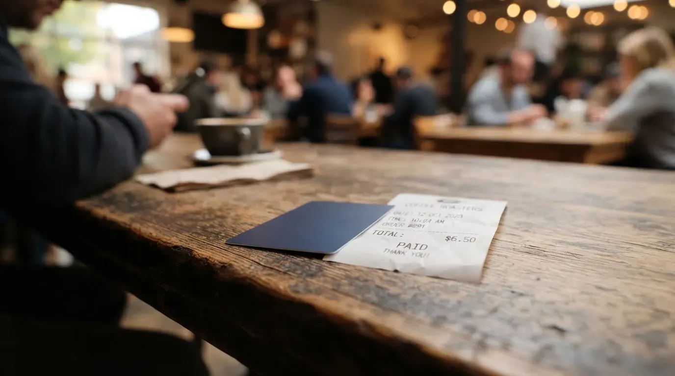 A receipt and a card on a café table