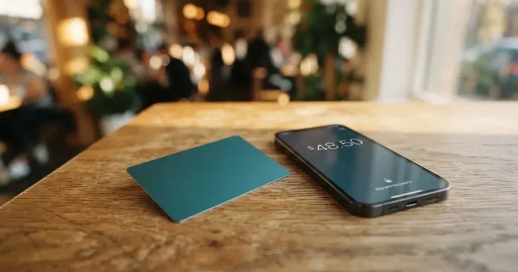 A payment card next to a phone with a crypto wallet app open