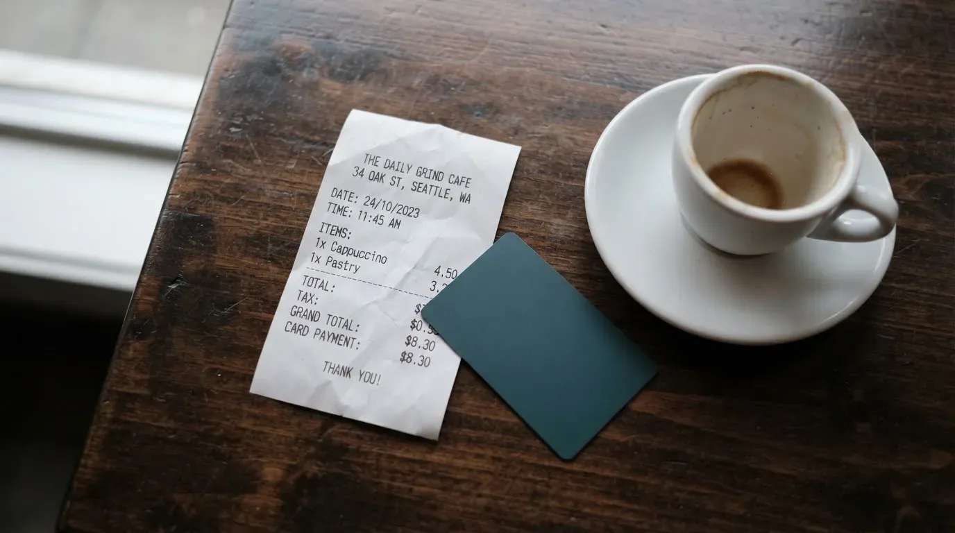 A receipt and a card on a café table