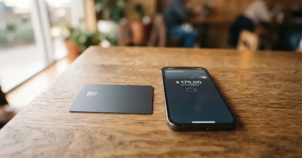 A payment card next to a phone with a crypto wallet app open