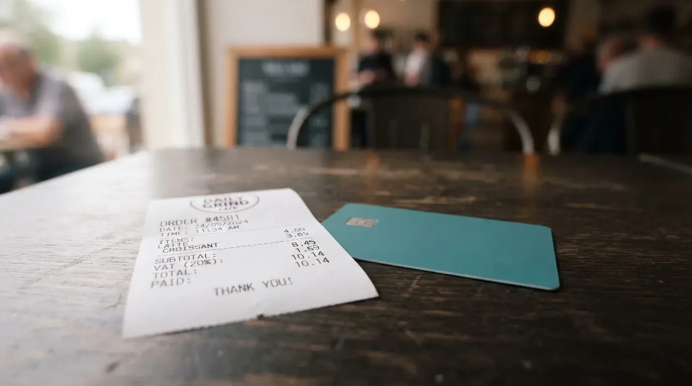 A receipt and a card on a café table