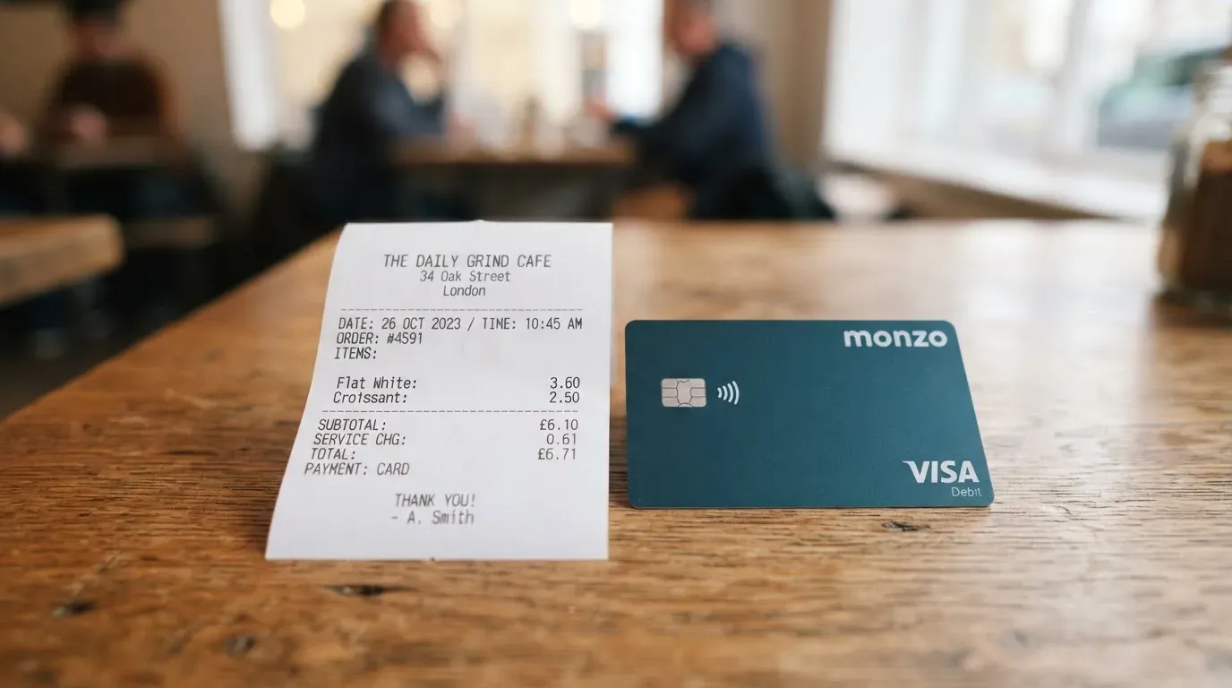 A receipt and a card on a café table