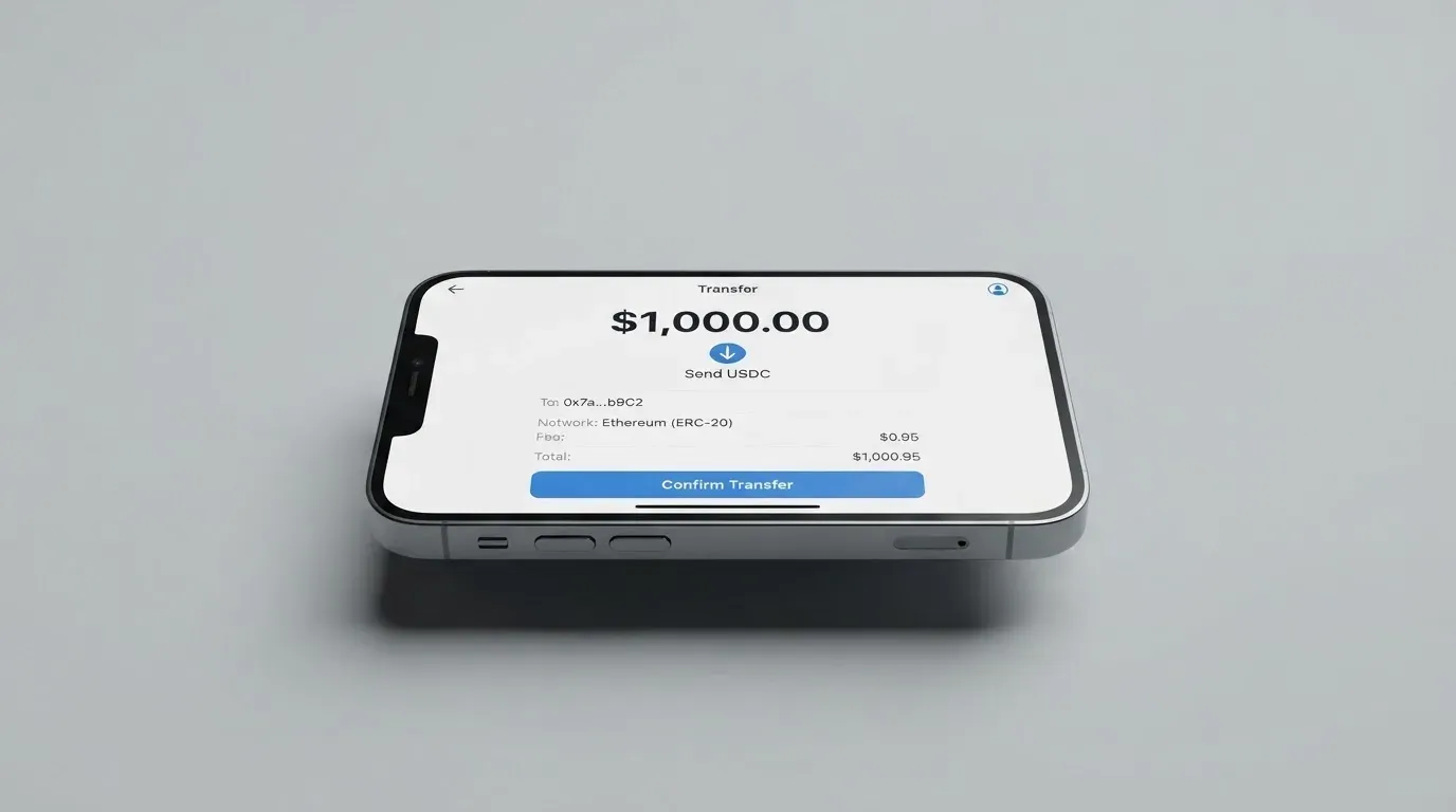 A phone showing a stablecoin transfer screen