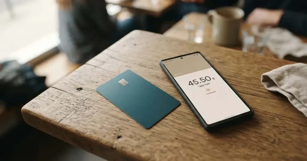 A payment card next to a phone with a crypto wallet app open