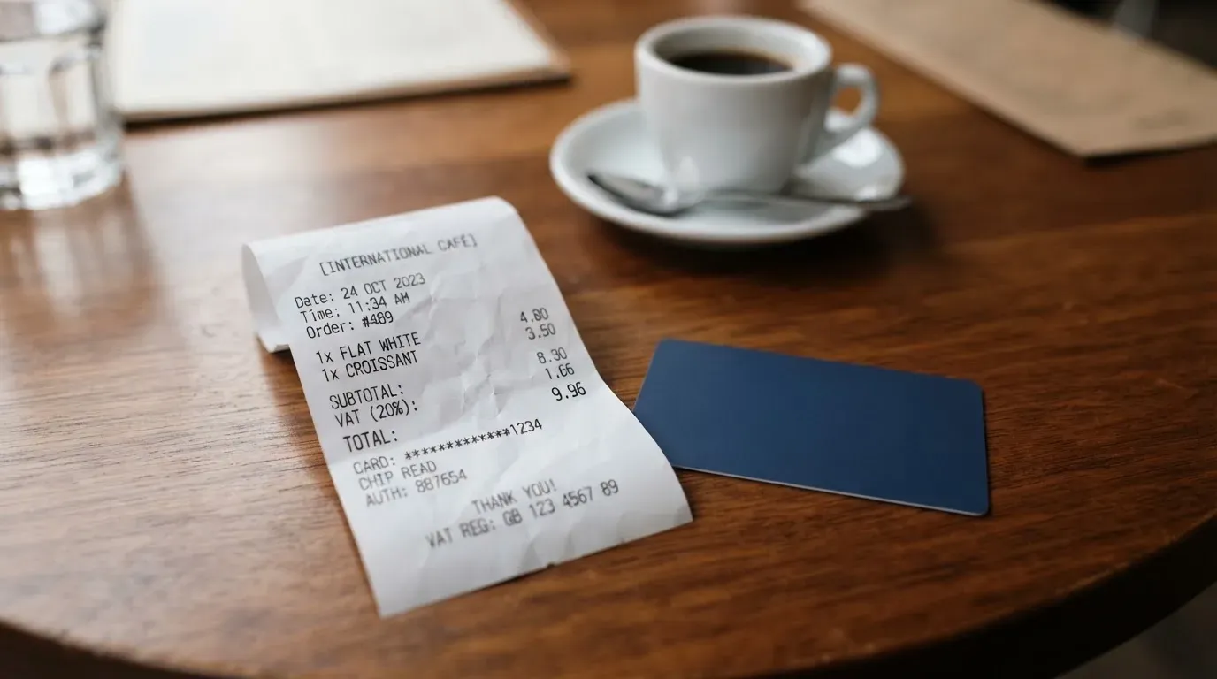 A receipt and a card on a café table