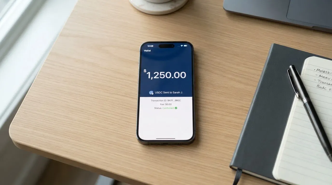 A phone showing a stablecoin transfer screen