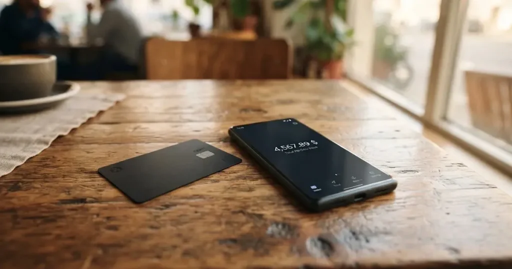A payment card next to a phone with a crypto wallet app open