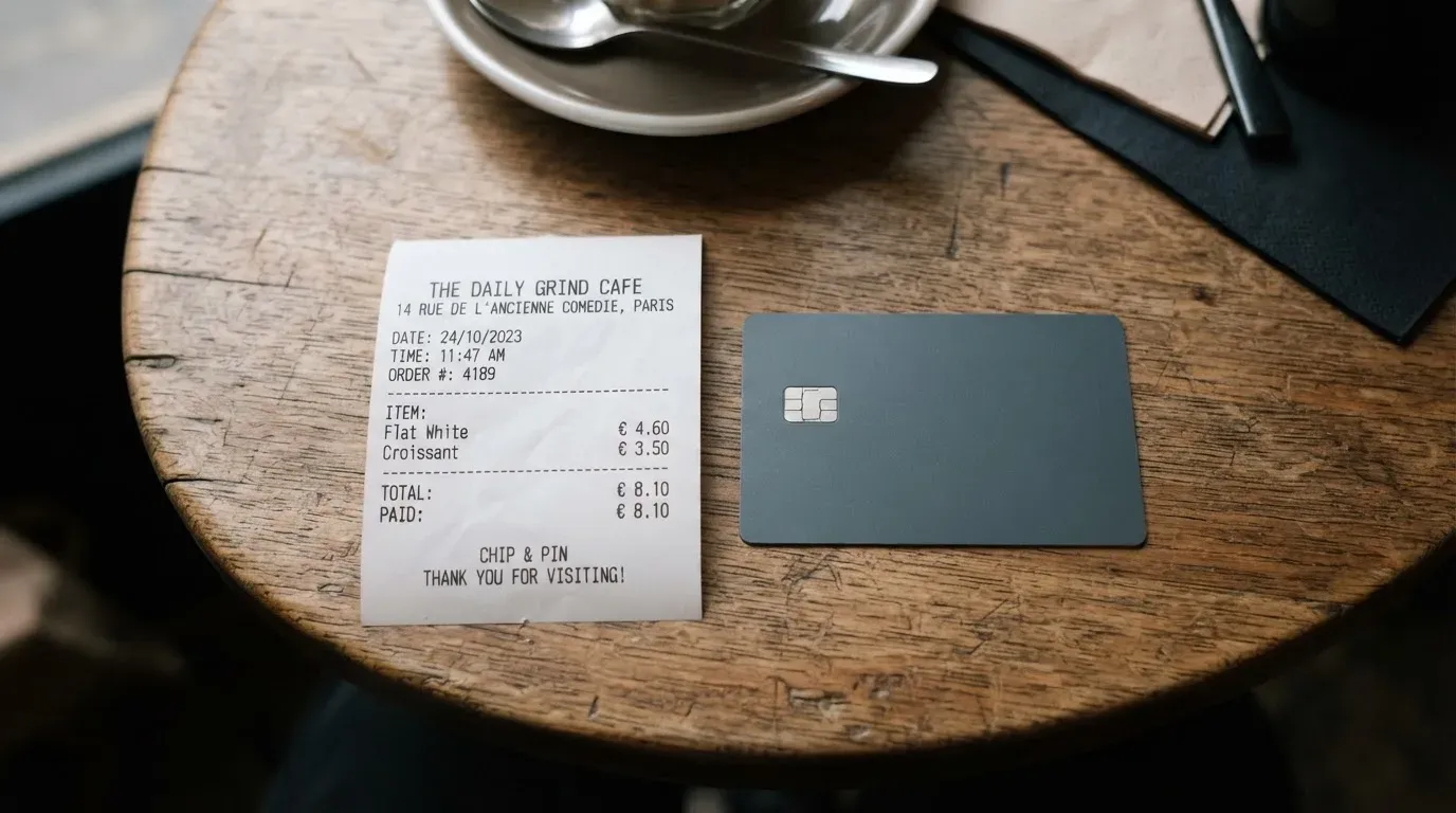 A receipt and a card on a café table