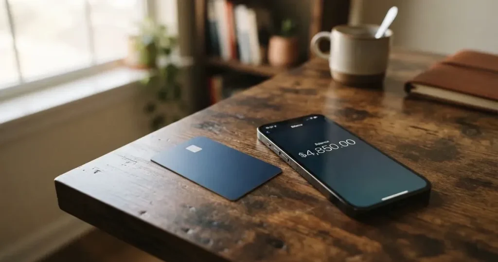 A payment card next to a phone with a crypto wallet app open
