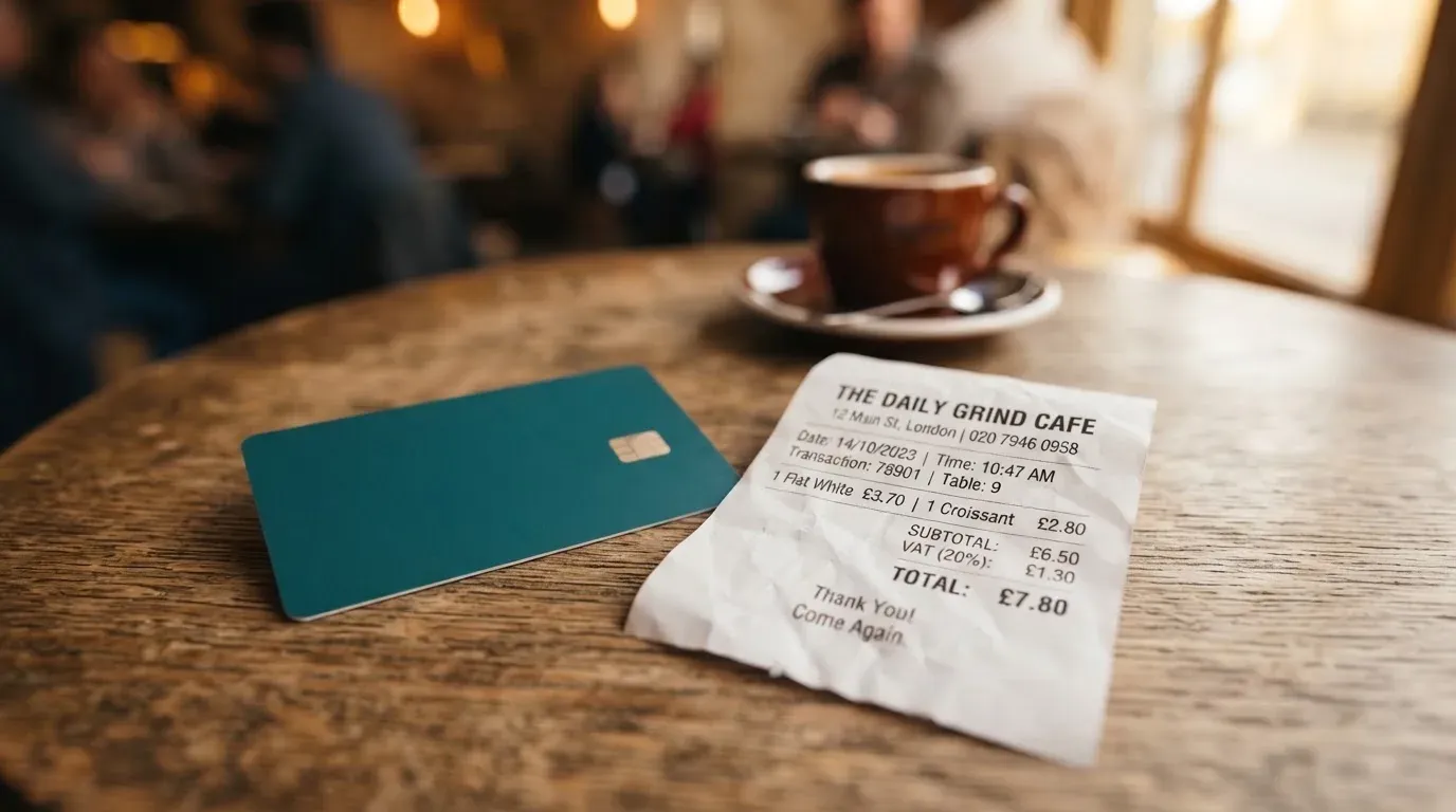 A receipt and a card on a café table
