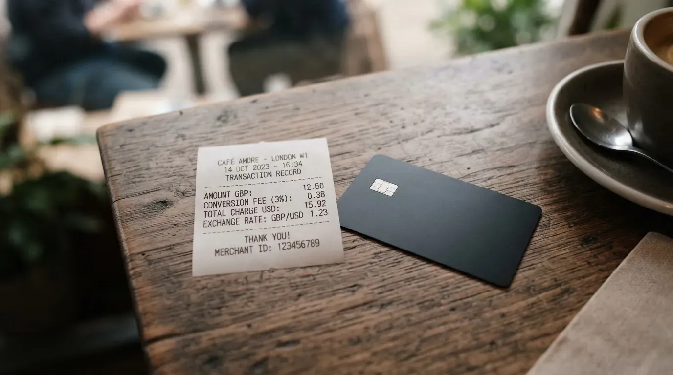 A receipt and a card on a café table