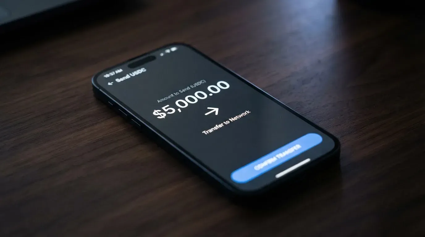 A phone showing a stablecoin transfer screen