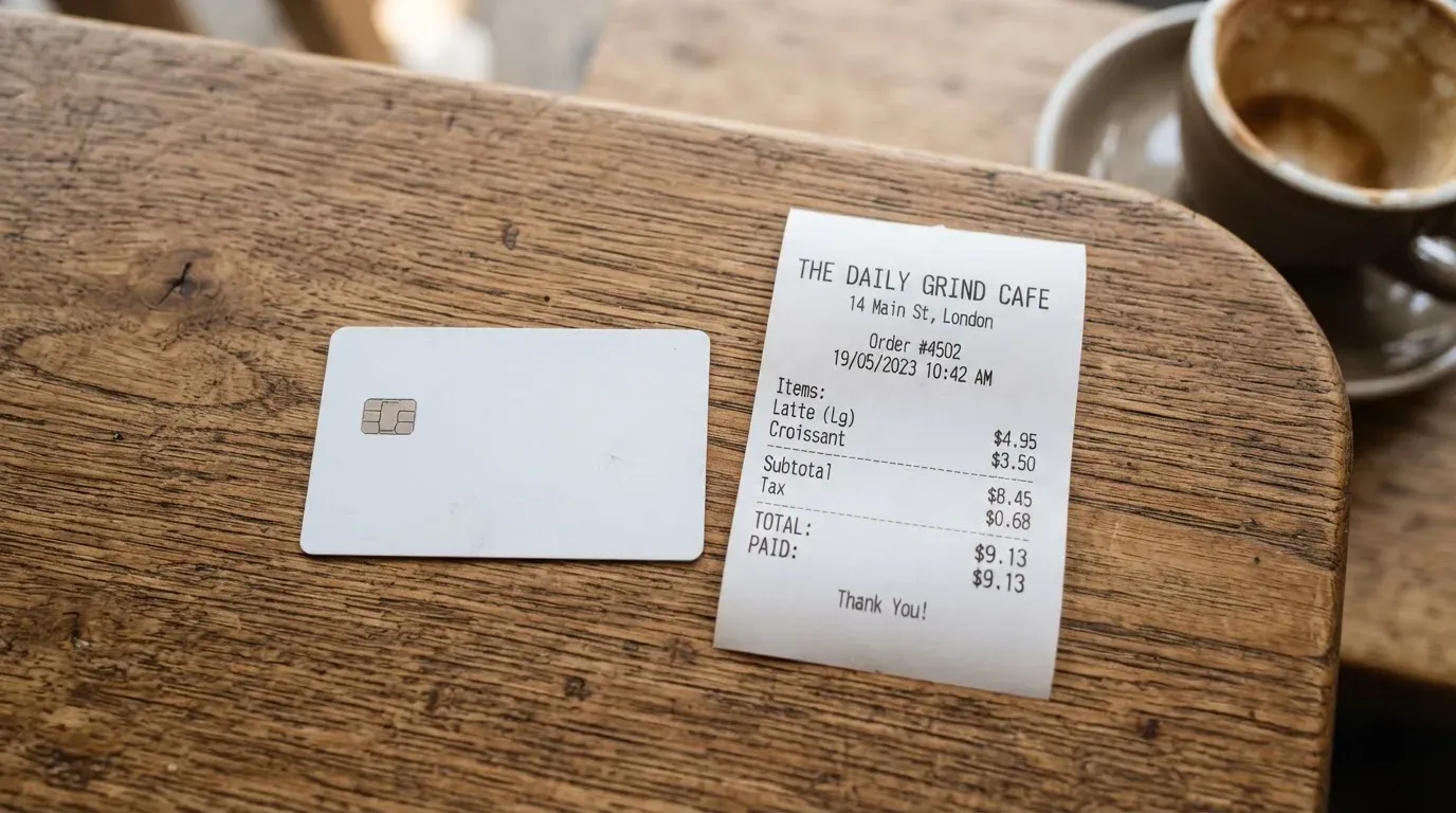 A receipt and a card on a café table