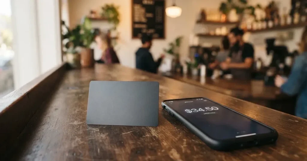 A payment card next to a phone with a crypto wallet app open