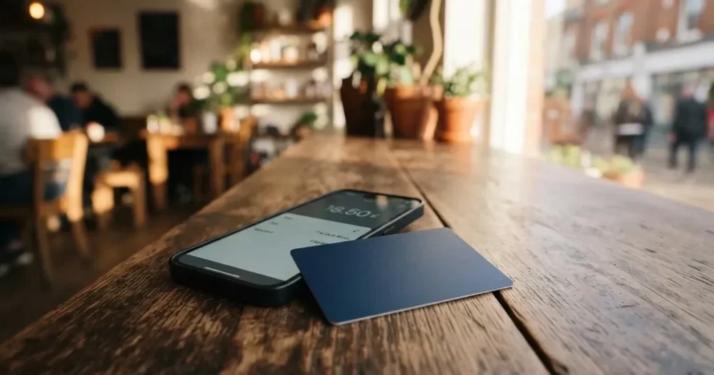 A payment card next to a phone with a crypto wallet app open