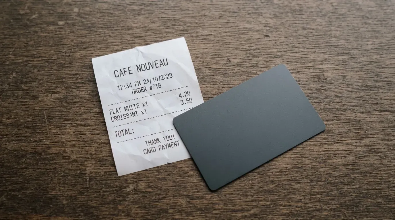 A receipt and a card on a café table