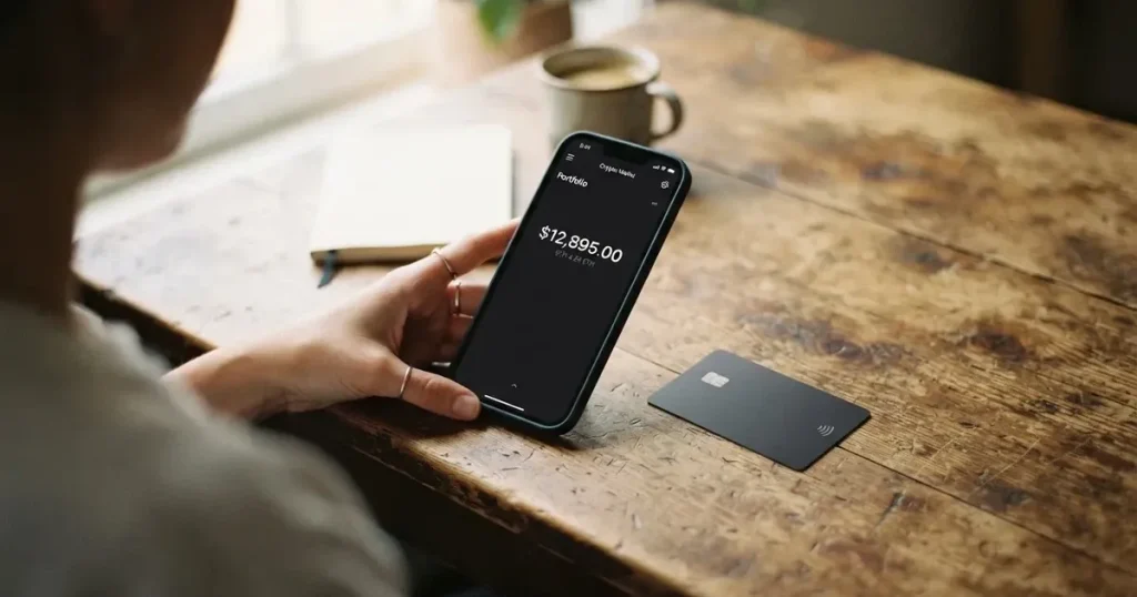 A payment card next to a phone with a crypto wallet app open
