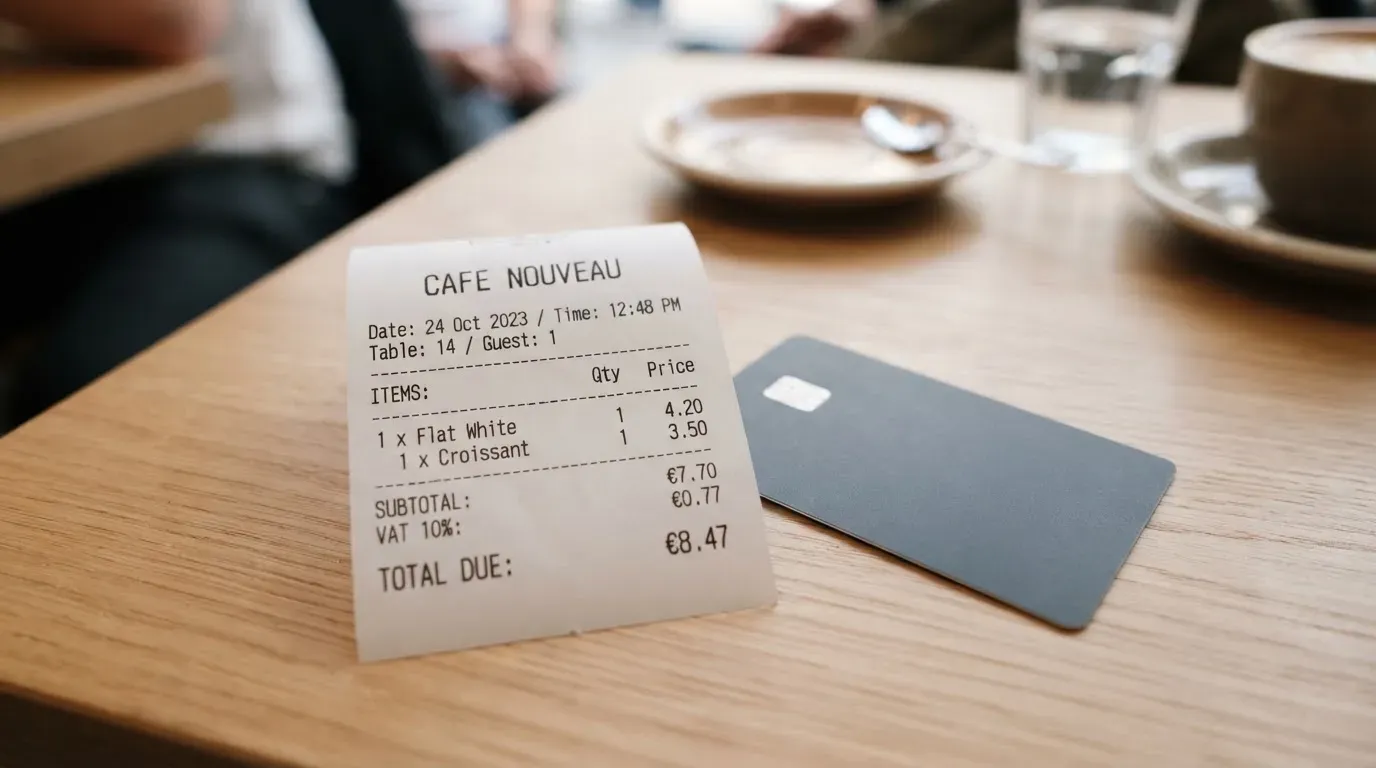 A receipt and a card on a café table
