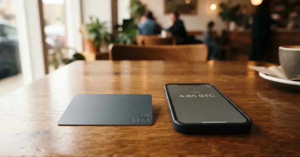 A payment card next to a phone with a crypto wallet app open