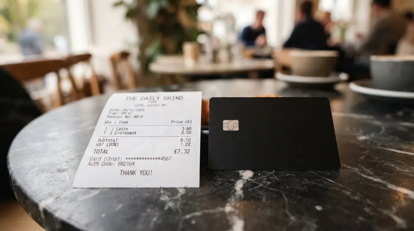 A receipt and a card on a café table