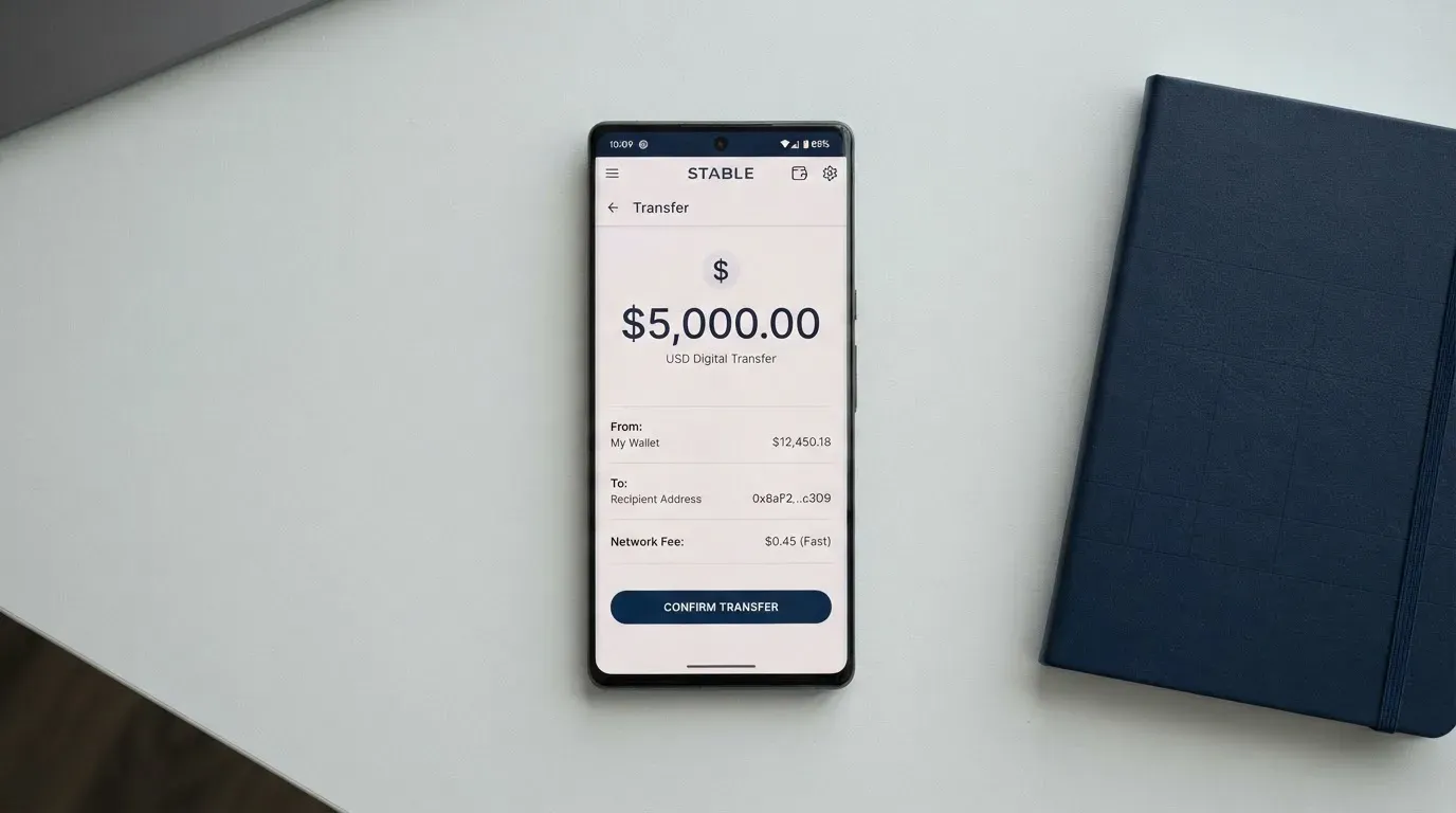 A phone showing a stablecoin transfer screen
