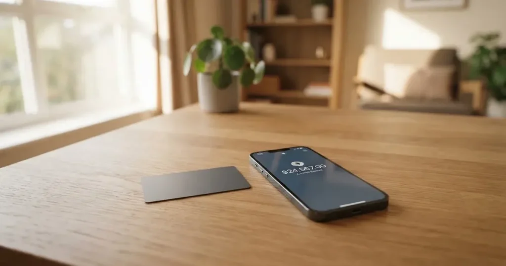 A payment card next to a phone with a crypto wallet app open
