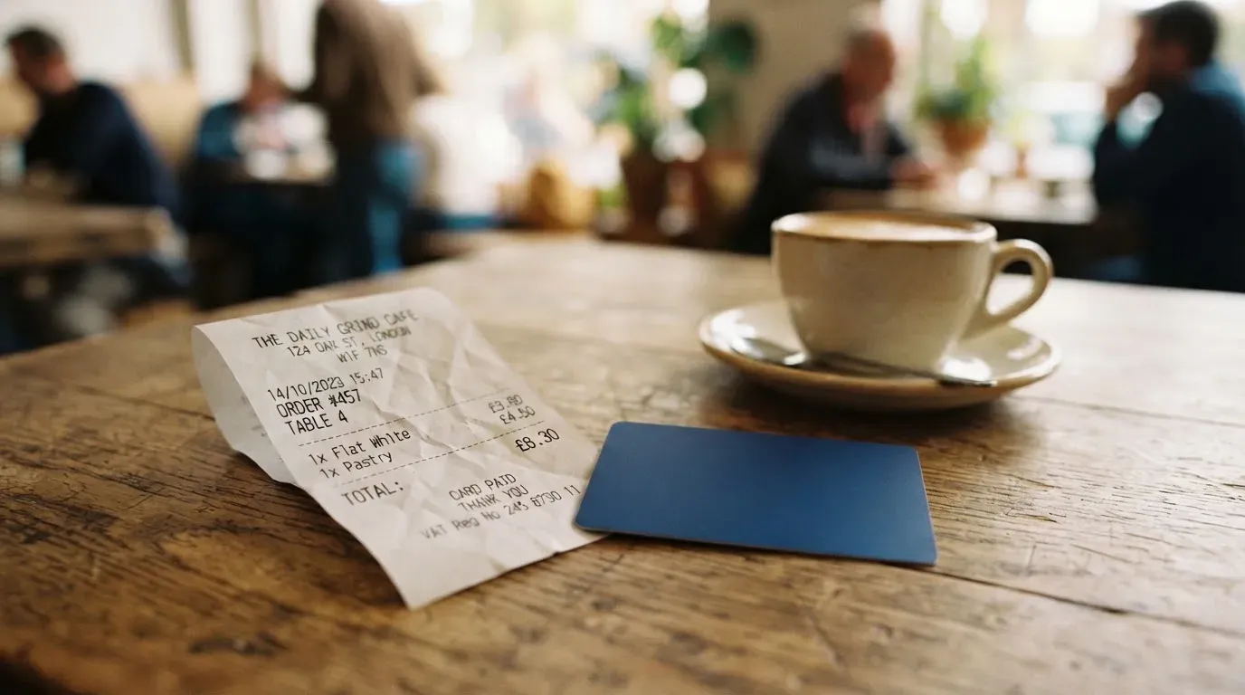 A receipt and a card on a café table
