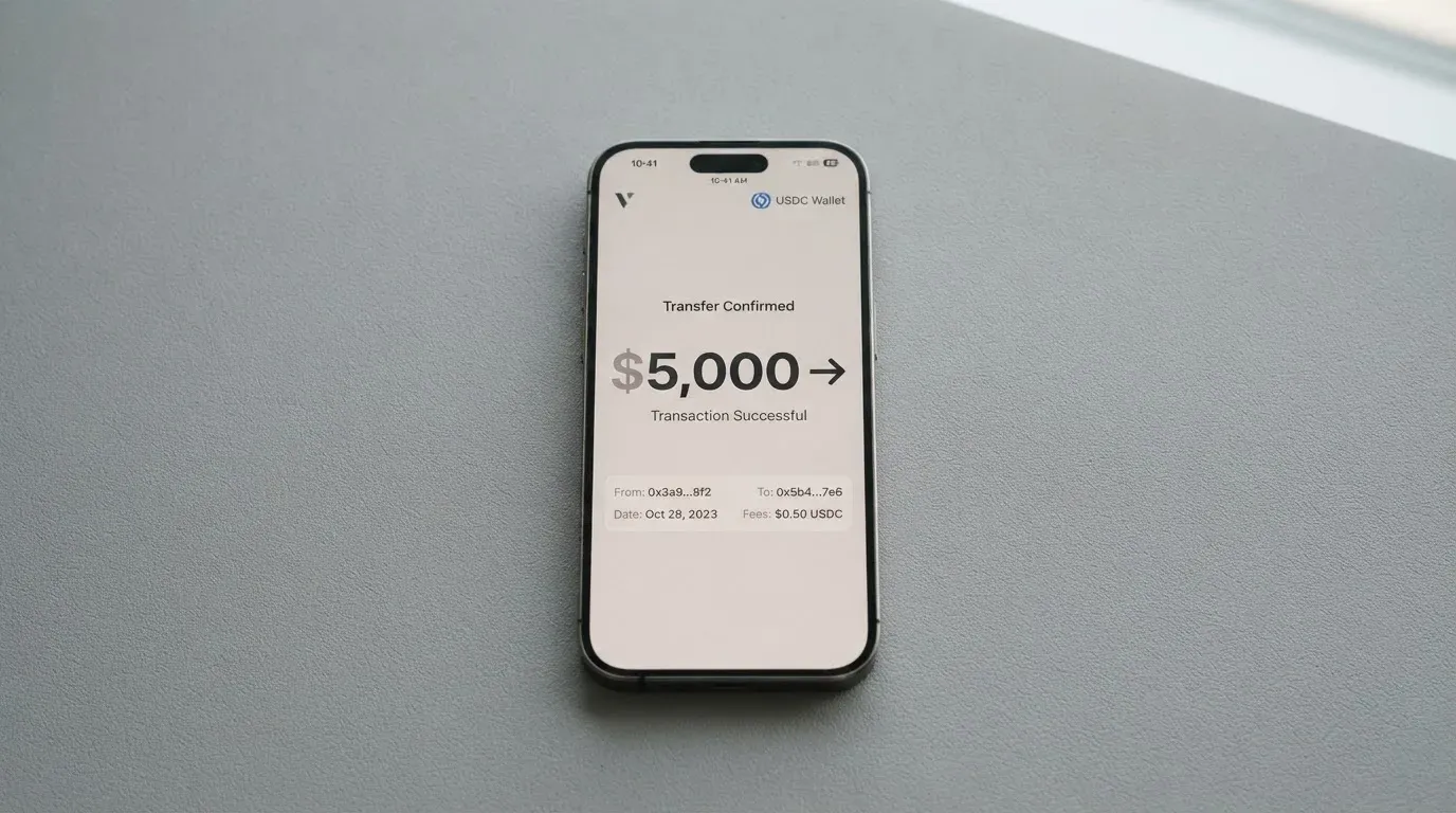 A phone showing a stablecoin transfer screen