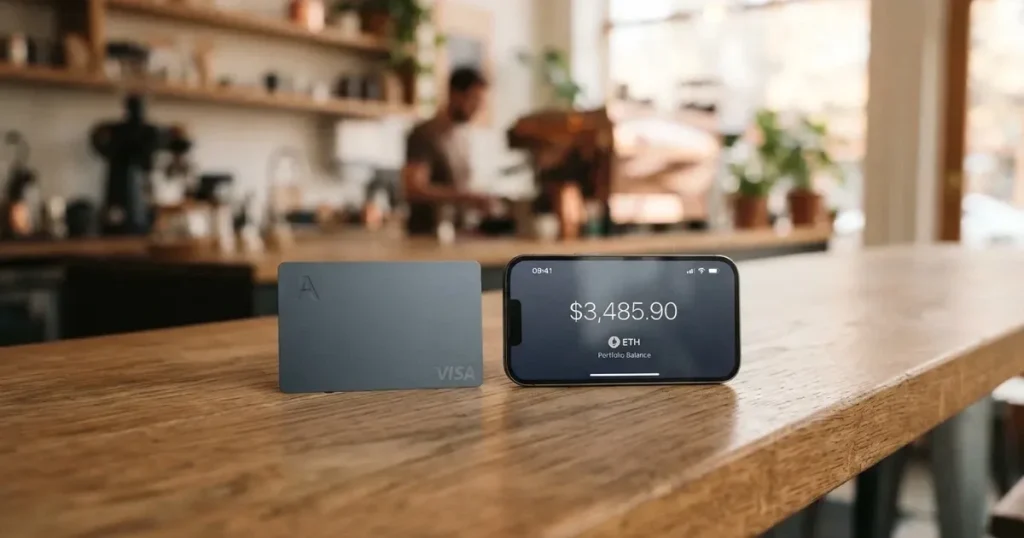 A payment card next to a phone with a crypto wallet app open