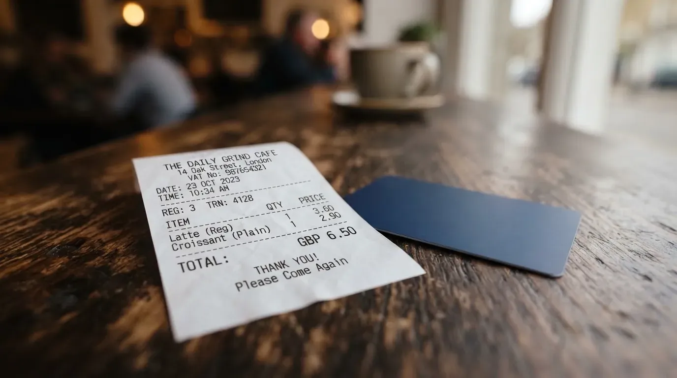 A receipt and a card on a café table