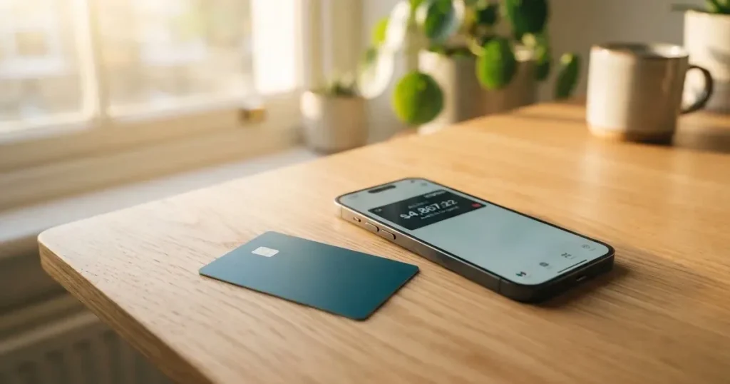 A payment card next to a phone with a crypto wallet app open