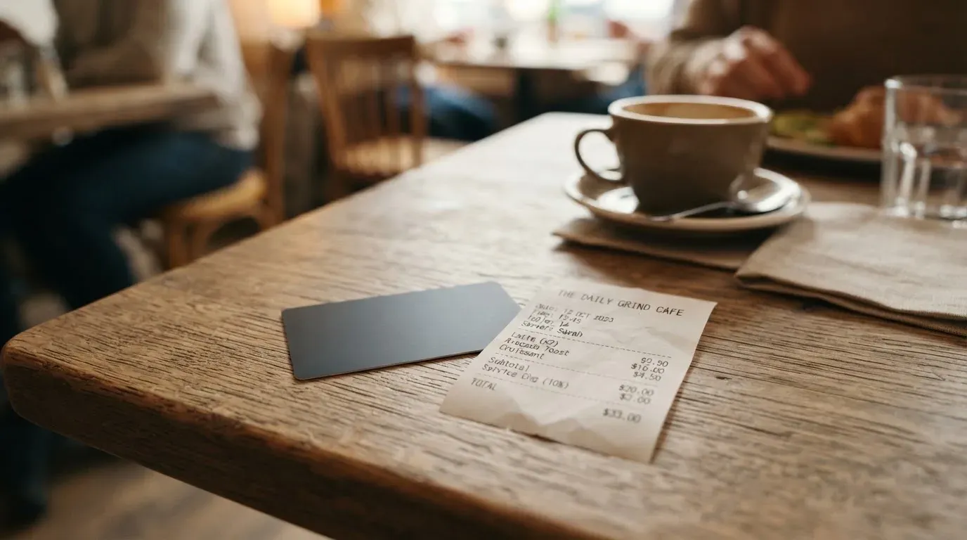 A receipt and a card on a café table