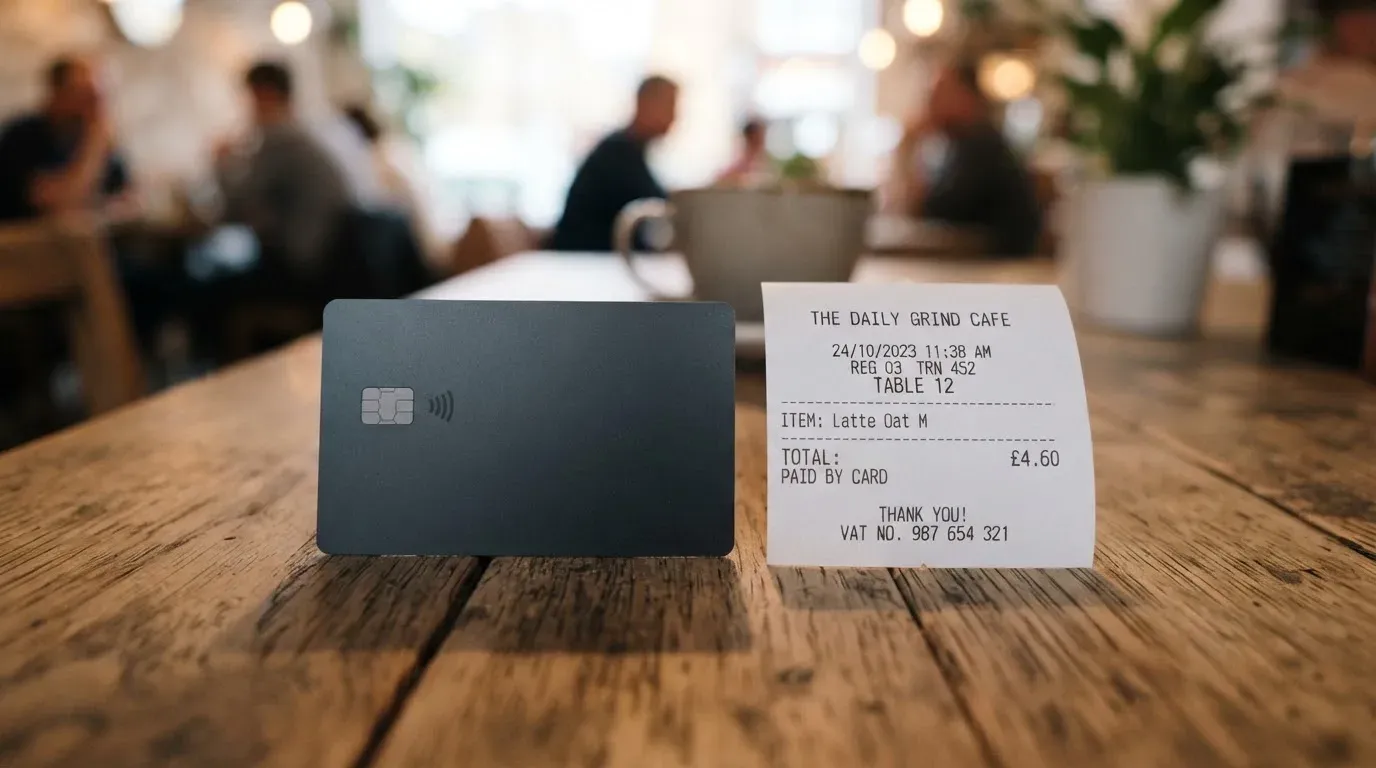 A receipt and a card on a café table