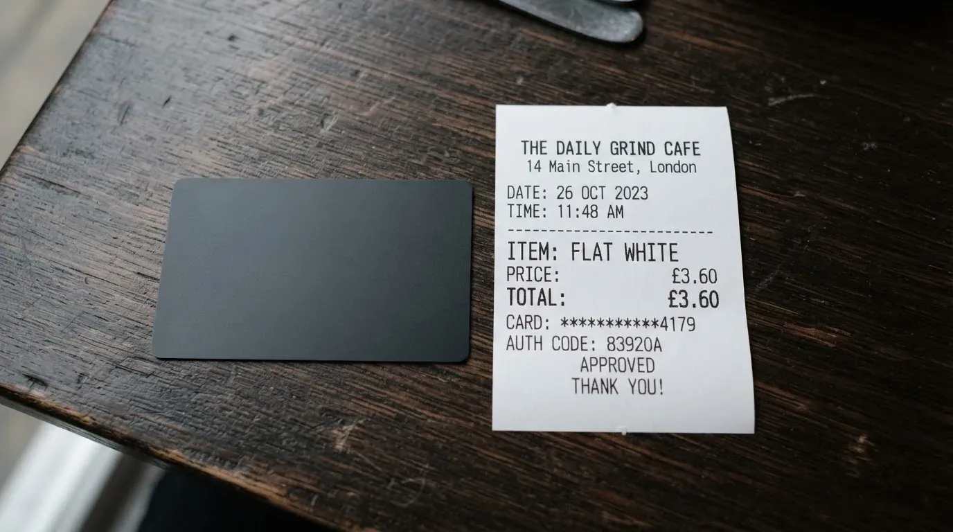 A receipt and a card on a café table