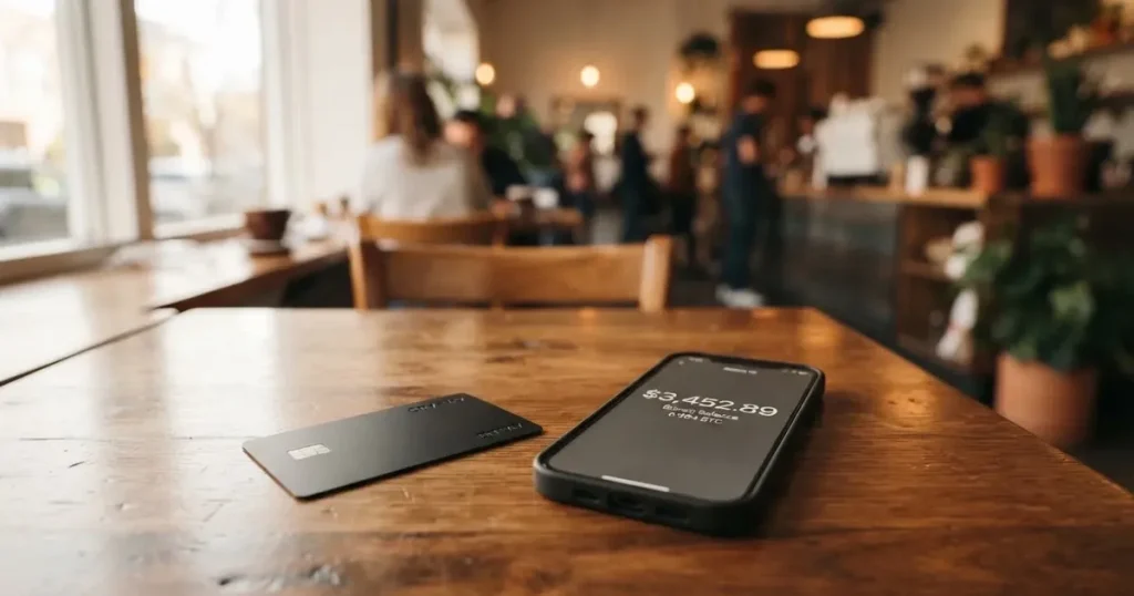 A payment card next to a phone with a crypto wallet app open