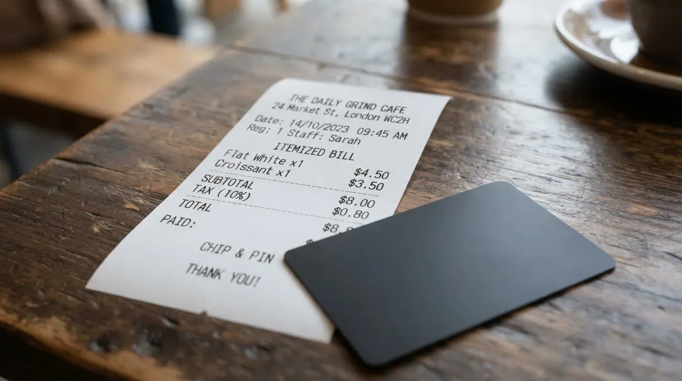 A receipt and a card on a café table