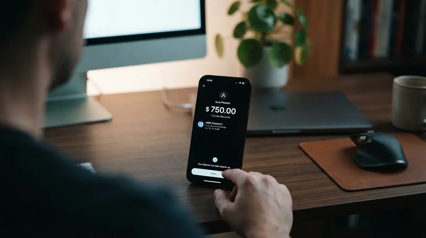 A phone showing a stablecoin transfer screen