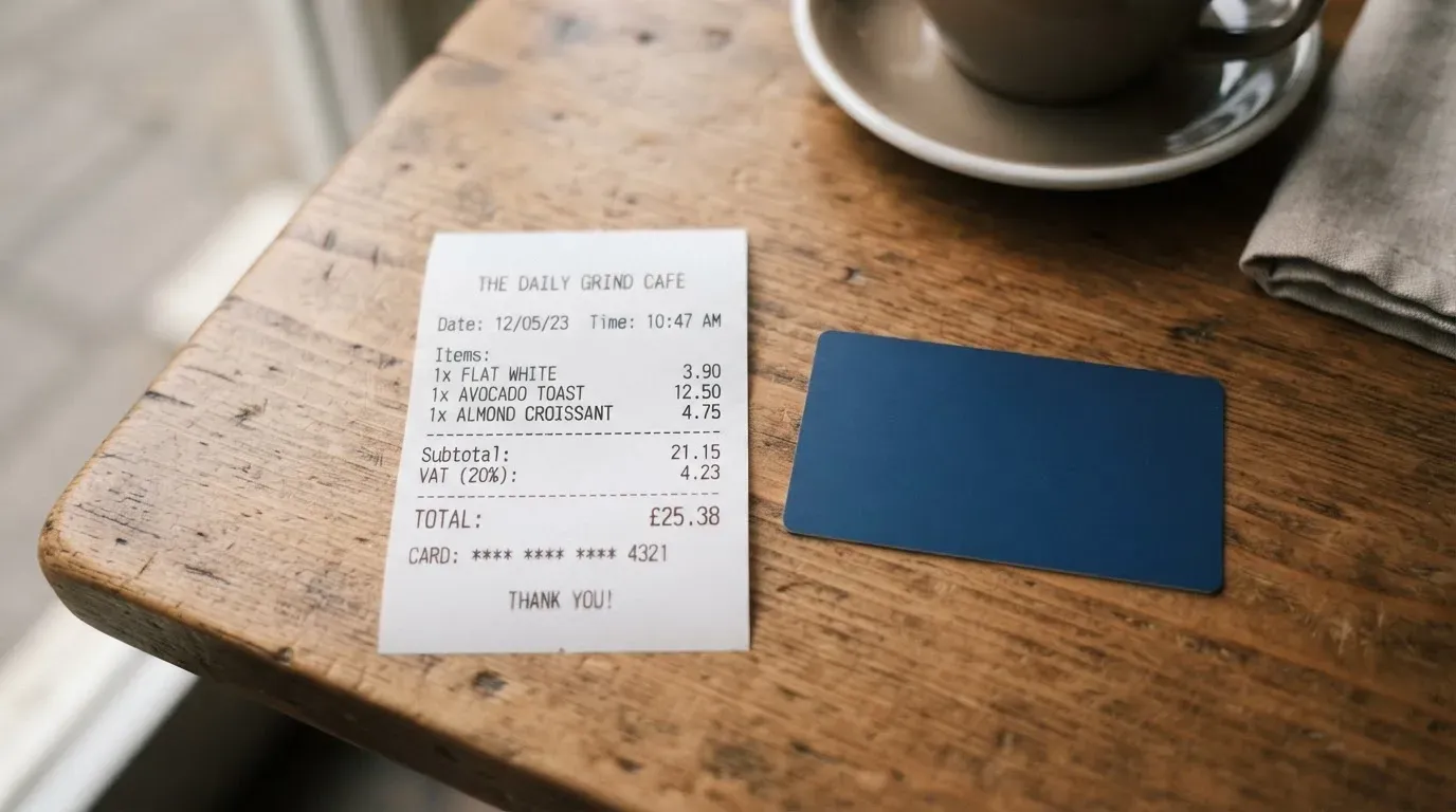 A receipt and a card on a café table