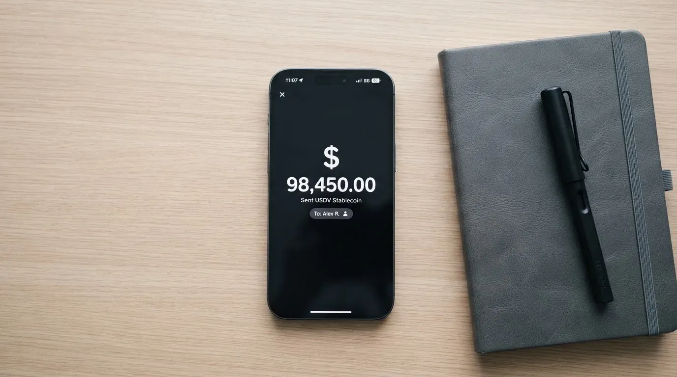 A phone showing a stablecoin transfer screen
