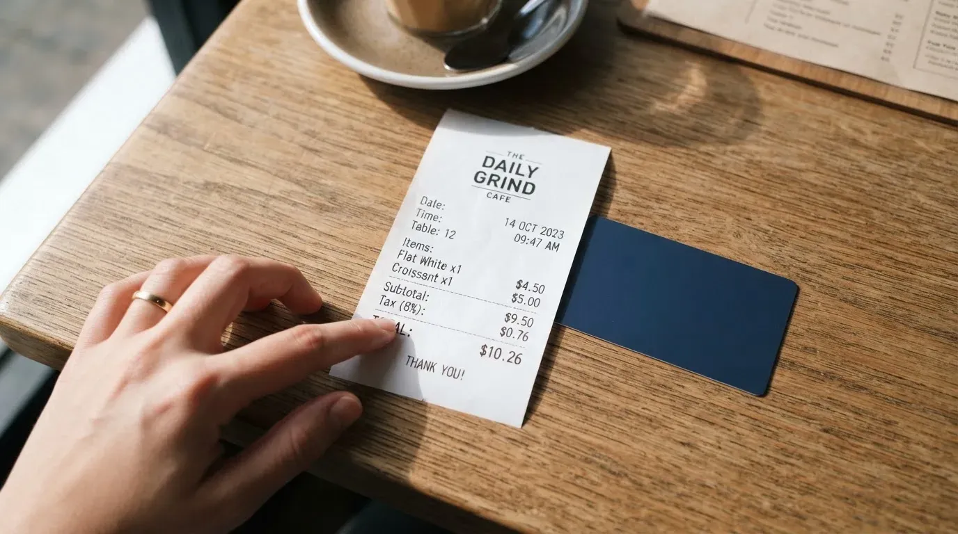 A receipt and a card on a café table
