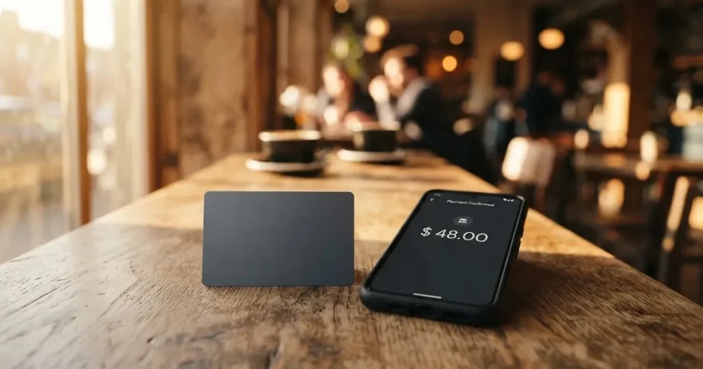 A payment card next to a phone with a crypto wallet app open