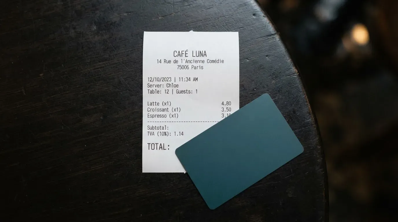 A receipt and a card on a café table